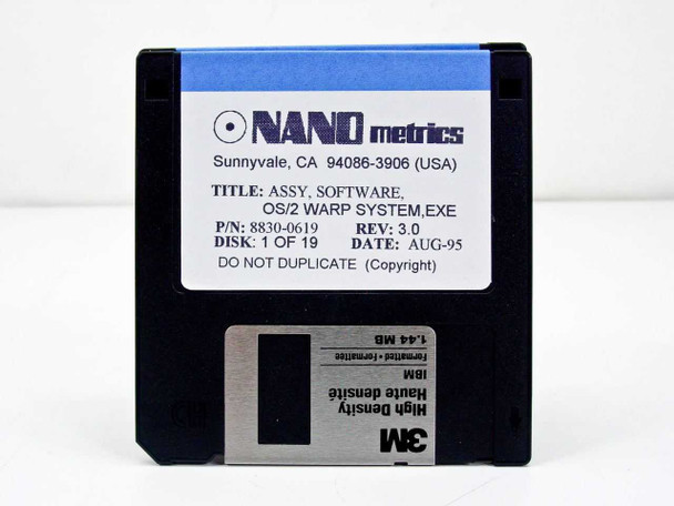 Nano Metrics 8830-0619 OS/2 Warp System Software — close-up of Disk 1 of 19 label showing P/N 8830-0619, Rev 3.0, Date AUG-95, on a 3M 1.44 MB High Density IBM-formatted floppy