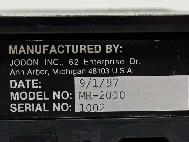 Jodon MR-2000 label showing manufacturer Jodon Inc., Ann Arbor Michigan, date 9/1/97, model MR-2000, serial 1002