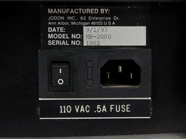 Jodon MR-2000 – rear power panel close-up showing rocker switch, IEC C13 power inlet, and 110 VAC 0.5A fuse label