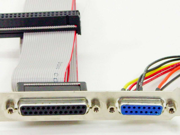 ISA slot bracket with DB25 (parallel) and DB15 female connectors and attached ribbon cable from Computer Products EM951S assembly