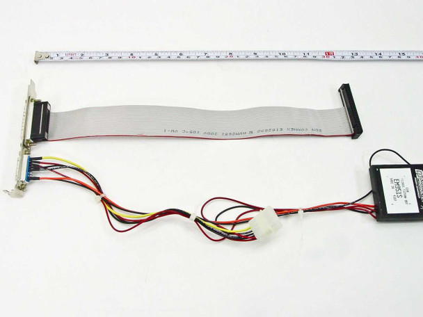 Computer Products EM951S power converter assembly laid out with ruler for scale showing overall length of ribbon cable and wiring harness