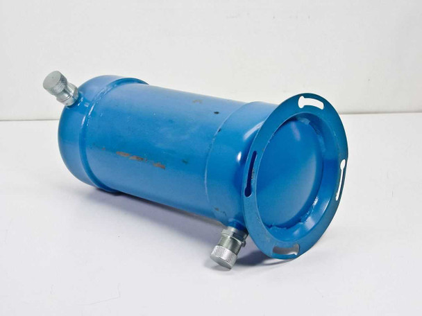 CTI Cryogenics compressor adsorber – 3/4 front view showing blue cylindrical body, flanged cryopump port, and two threaded fittings