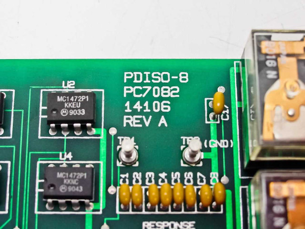 Close-up of PDISO-8 PC7082 PCB label showing model number, part number 14106, Rev A, and Motorola MC1472P1 ICs