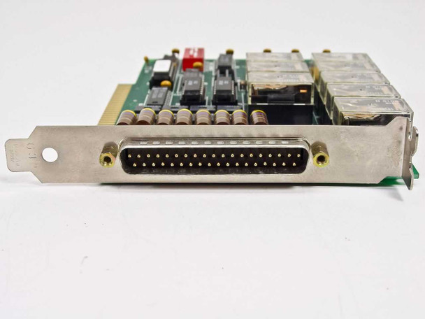 Keithley PDISO-8 PC7082 ISA card — angled view of bracket end showing 37-pin D-Sub male connector with card and relay array visible behind