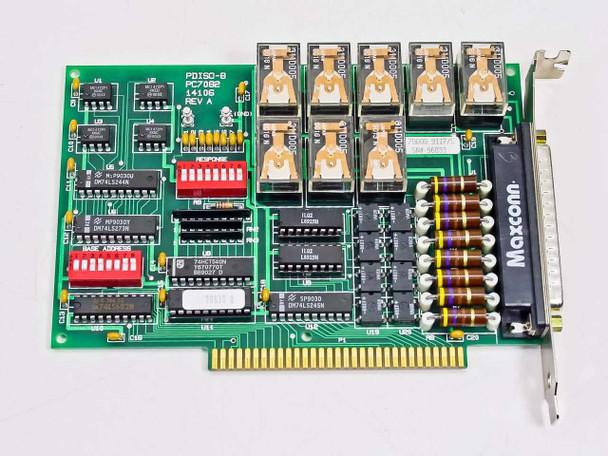 Keithley Metrabyte PDISO-8 PC7082 ISA relay I/O card — top component side showing 8 relays, DIP switches, ICs, and Maxconn 37-pin D-Sub connector bracket