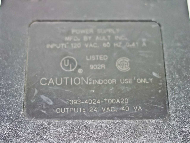 Ault 393-4024-T00A20 rating label closeup — Input 120 VAC 60 Hz 0.41A, Output 24 VAC 40 VA, UL Listed 902R, indoor use only