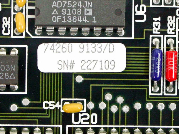 Keithley PC7422 board close-up – label showing 74260 9133/D, serial number SN# 227109, and AD7524JN DAC chip