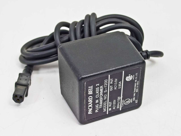 Packard Bell S-1200 plug-in Class 2 transformer AC adapter — front-left view showing label and 3-pin female output cable