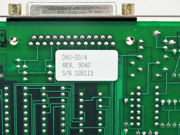 Keithley DAS-50/4 label close-up showing model DAS-50/4, Rev 9040, and serial number 108113