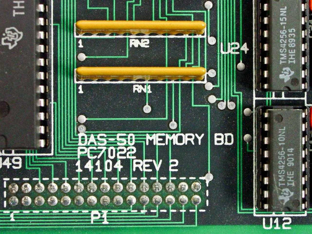 Keithley DAS-50 Memory Board close-up showing silkscreen DAS-50 MEMORY BD, PC7022, 14104 REV 2, with TMS4256 memory chips visible
