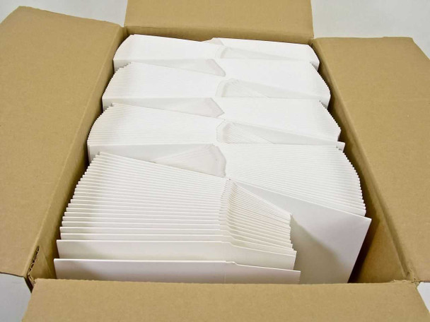 Open carton showing stacked flat-packed Royal 6-1349 white folding paper boxes — lot of 190