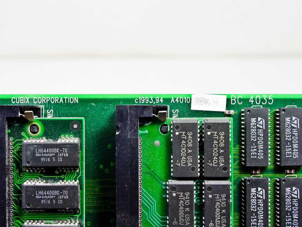 Cubix A4010 PCB silkscreen label close-up – 'CUBIX CORPORATION c1993,94 A4010 Rev A BC 4035' text visible, Sharp LH64400BK-70 and Micron MT4C0240DJ SRAMs