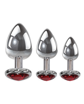 Adam & Eve Three Hearts Gem Anal Plug Set - Silver/red Adam & Eve Three Hearts Gem Anal Plug Set - Silver/red