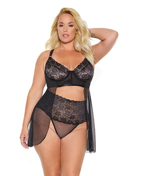 Scallop Stretch Lace & Sheer Mesh Babydoll & High Waist Thong Black Scallop Stretch Lace & Sheer Mesh Babydoll & High Waist Thong Black