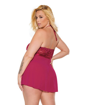 Scallop Stretch Lace & Sheer Mesh Halter Babydoll & Adjustable Thong Raspberry Os/xl Scallop Stretch Lace & Sheer Mesh Halter Babydoll & Adjustable Thong Raspberry Os/xl