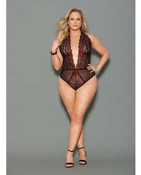 Euphoria Two Tone Lace Halter Crotch Closure Teddy Blk/red Qn Euphoria Two Tone Lace Halter Crotch Closure Teddy Blk/red Qn