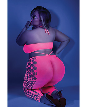 Glow Black Light Cropped Cutout Halter Bodystocking Neon Pink Qn Glow Black Light Cropped Cutout Halter Bodystocking Neon Pink Qn