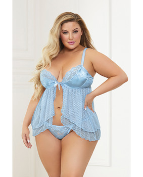 Satin Jacquard Dot Mesh Scallop Lace Babydoll & G-string Blue Satin Jacquard Dot Mesh Scallop Lace Babydoll & G-string Blue