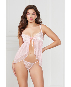 Satin Jacquard Dot Mesh Scallop Lace Babydoll & G-string Light Pink Md Satin Jacquard Dot Mesh Scallop Lace Babydoll & G-string Light Pink Md