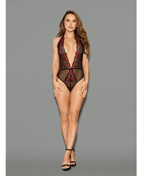 Euphoria Two Tone Lace Halter Crotch Closure Teddy Blk/red Os Euphoria Two Tone Lace Halter Crotch Closure Teddy Blk/red Os