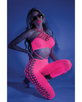 Glow Black Light Cropped Cutout Halter Bodystocking Neon Pink O/s Glow Black Light Cropped Cutout Halter Bodystocking Neon Pink O/s