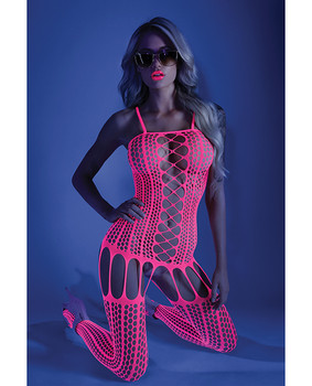 Glow Black Light Criss Cross Paneled Bodystocking Neon Pink O/s Glow Black Light Criss Cross Paneled Bodystocking Neon Pink O/s