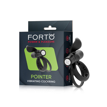 Forto Pointer Rechargeable Silicone Vibrating Dual Cockring with External Stimulator Black