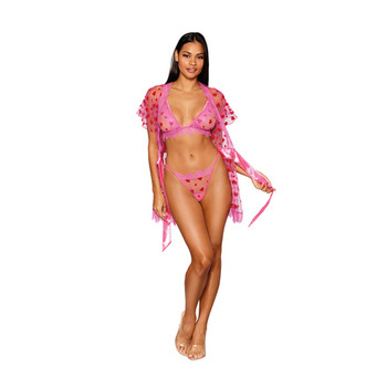 Dreamgirl Flocked Heart Mesh and Eyelash Lace Robe, Bralette, and G-string Set Peony S Dreamgirl Flocked Heart Mesh and Eyelash Lace Robe, Bralette, and G-string Set Peony S