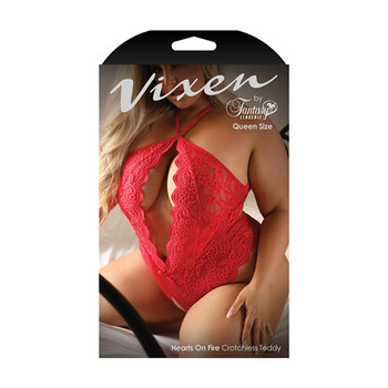 Fantasy Lingerie Vixen Hearts On Fire Crotchless Lace Teddy with Open Pearl Draped Back Red Queen Size Fantasy Lingerie Vixen Hearts On Fire Crotchless Lace Teddy with Open Pearl Draped Back Red Queen Size
