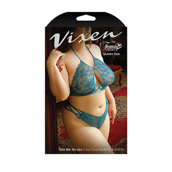 Fantasy Lingerie Vixen Teal Me No Lies Criss-Cross Lace Halter Bralette & Matching Panty Teal Queen Size Fantasy Lingerie Vixen Teal Me No Lies Criss-Cross Lace Halter Bralette & Matching Panty Teal Queen Size