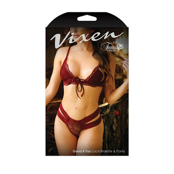 Fantasy Lingerie Vixen Good 4 You Lace Triangle Bralette & Matching Panty With Double-Strap Waistband Burgundy L/XL Fantasy Lingerie Vixen Good 4 You Lace Triangle Bralette & Matching Panty With Double-Strap Waistband Burgundy L/XL