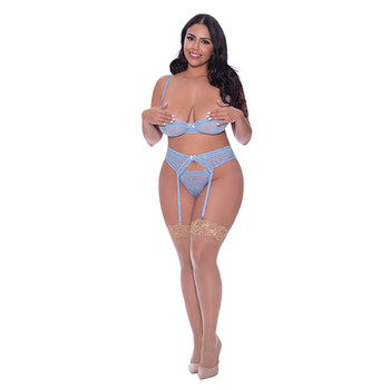 Magic Silk Ooh La Lace Demi Bra, Garter & Tanga Set Periwinkle Queen Size Magic Silk Ooh La Lace Demi Bra, Garter & Tanga Set Periwinkle Queen Size