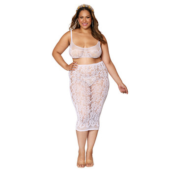 Dreamgirl Lace Fishnet Bralette & Slip Skirt White Queen Size Dreamgirl Lace Fishnet Bralette & Slip Skirt White Queen Size