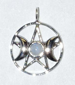 Triple Goddess Pentagram Moonstone Sterling 11/16" Triple Goddess Pentagram Moonstone Sterling 11/16"