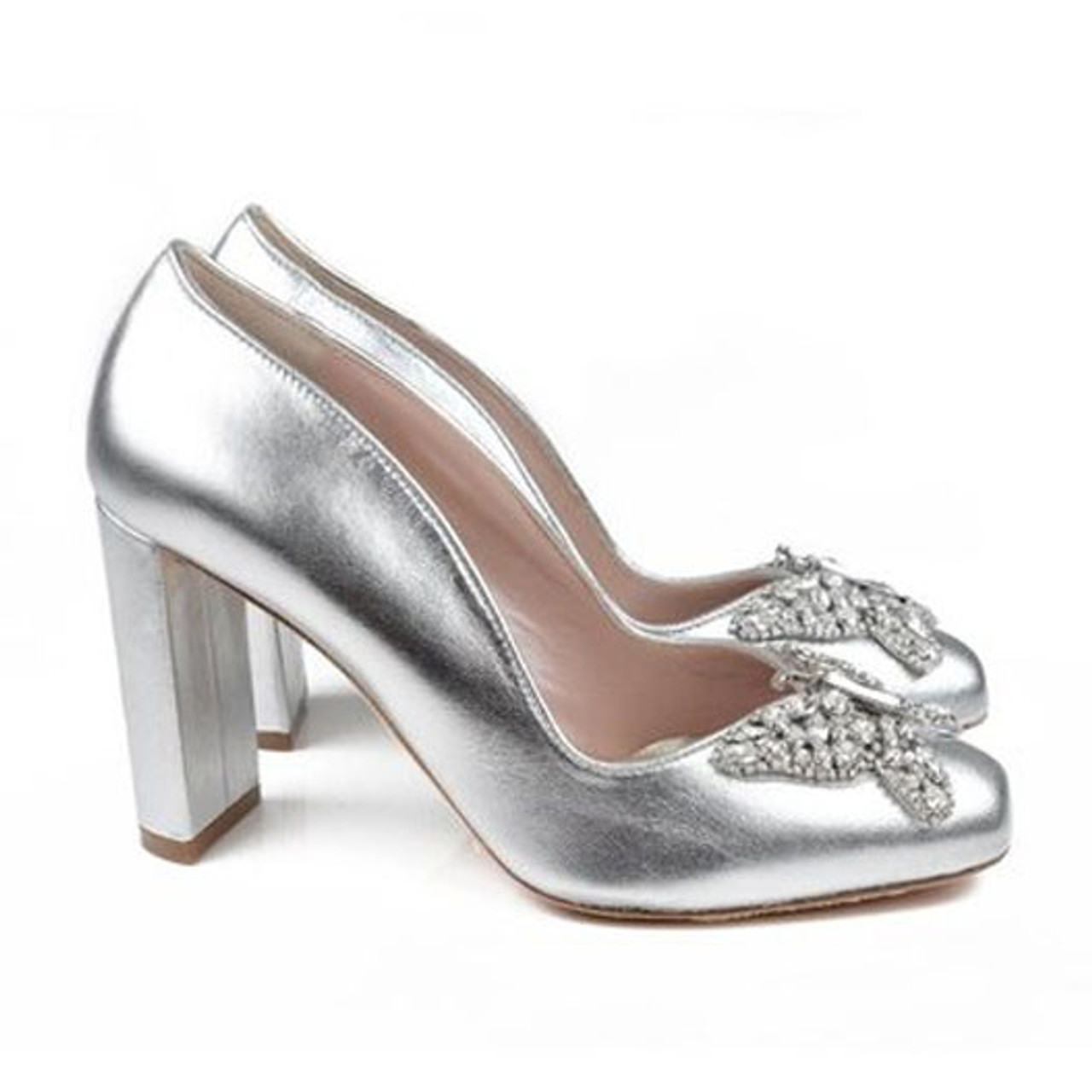 Deja Silver Glitter Mid Block Heel Wide Fit Ankle Strap Court Shoes by  Paradox London | Look Again