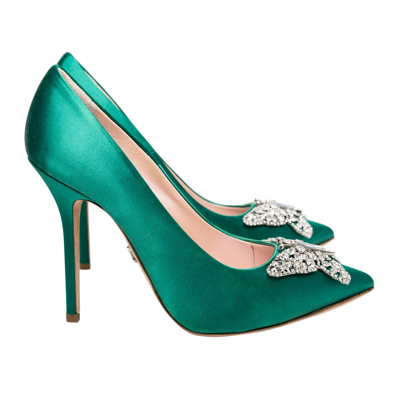 emerald green satin pumps