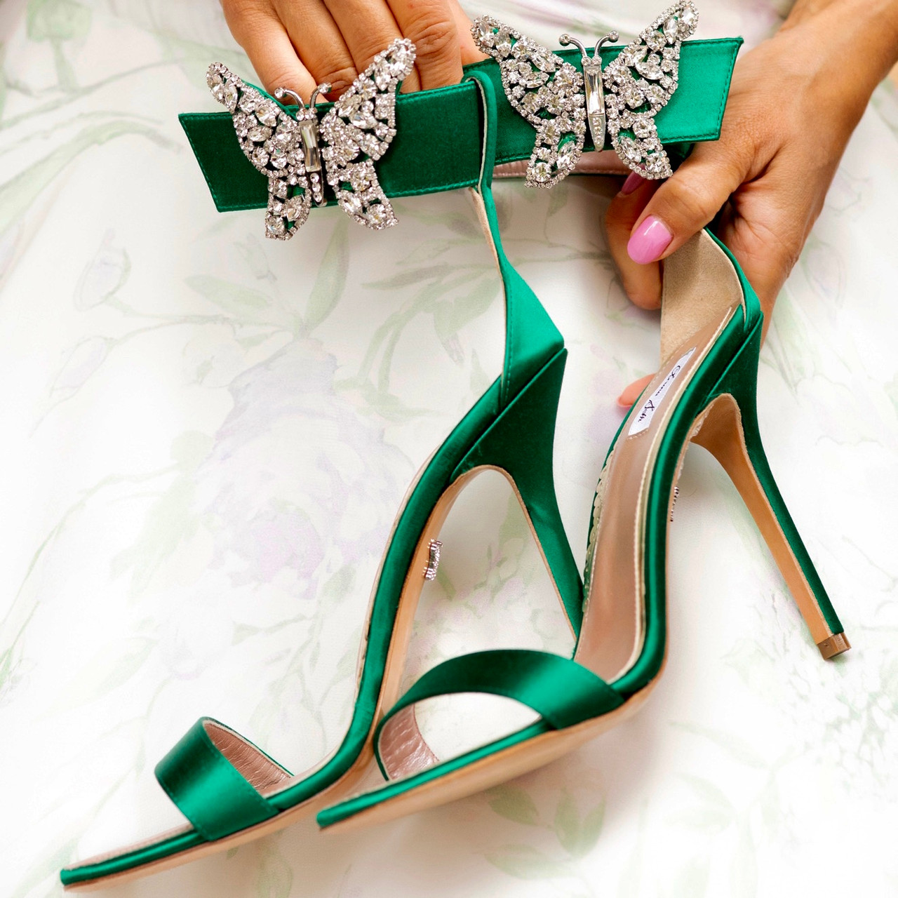 Portofino Embellished Emerald Green Satin Heel Sandals