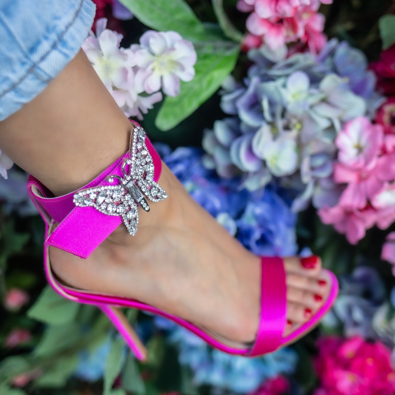 Portofino Embellished Neon Pink Satin Heel Sandals