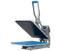 Hotronix® Auto Clam Heat Press 16x20 by Stahls' shown on a print shop table, clamshell open, highlighting its large platen, touchscreen controls, and rugged frame.