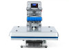 Hotronix® Auto Clam Heat Press 16x20 by Stahls' shown on a print shop table, clamshell open, highlighting its large platen, touchscreen controls, and rugged frame.