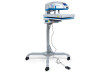 Hotronix® Air Fusion IQ® Heat Press 16x20 with pedestal base shown fully assembled in a print shop setting—highlighting the swing-style platen, IQ® touchscreen, and pedestal with locking wheels.