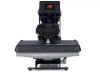 The MAXX® Clam Heat Press 11x15 by Stahls' sitting on a worktable with clamshell open, showing the compact platen, digital control panel, and durable steel frame.