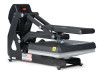 The MAXX® Clam Heat Press 11x15 by Stahls' sitting on a worktable with clamshell open, showing the compact platen, digital control panel, and durable steel frame.