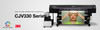 Professional studio image of the Mimaki CJV330-160 printer/cutter in action, showcasing vivid full-color prints and integrated contour cutting on wide-format roll media.