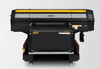 Close-up of the Mimaki UJF-7151 Plus II printing full-color graphics directly on a rigid object, with UV lamps in action and fine detail output visible on metal and plastic surfaces.