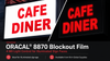 A professional product graphic for ORACAL® 8870 Blockout Film featuring a split-view illuminated sign. On the left, a bright white sign face displays bold red “CAFE DINER” lettering in daylight. On the right, the same sign is shown in a darker illuminated view with glowing red letters against a black background, highlighting the film’s light-control effect. Below the sign comparison, the graphic includes the product title “ORACAL® 8870 Blockout Film” and the subtitle “4 Mil Light Control for Illuminated Sign Faces.” Additional callouts note that it is ideal for illuminated signage and available from Kirin Global Supplies. The overall design uses a clean black, white, and red color scheme for a modern, high-impact product presentation.
