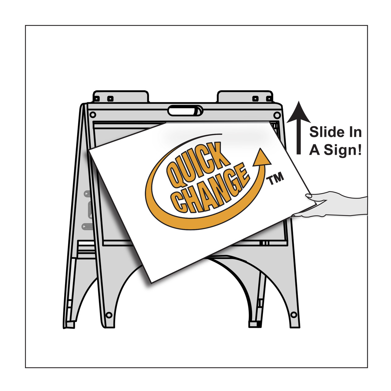Demonstrating Quick-Change Feature:
"A demonstration of the Plasticade Quik Sign® Model 1201's patented Quick-Change feature. The image shows how easy it is to slide signs in and out without the need for tape, hook and loop, or screws, allowing for quick updates."