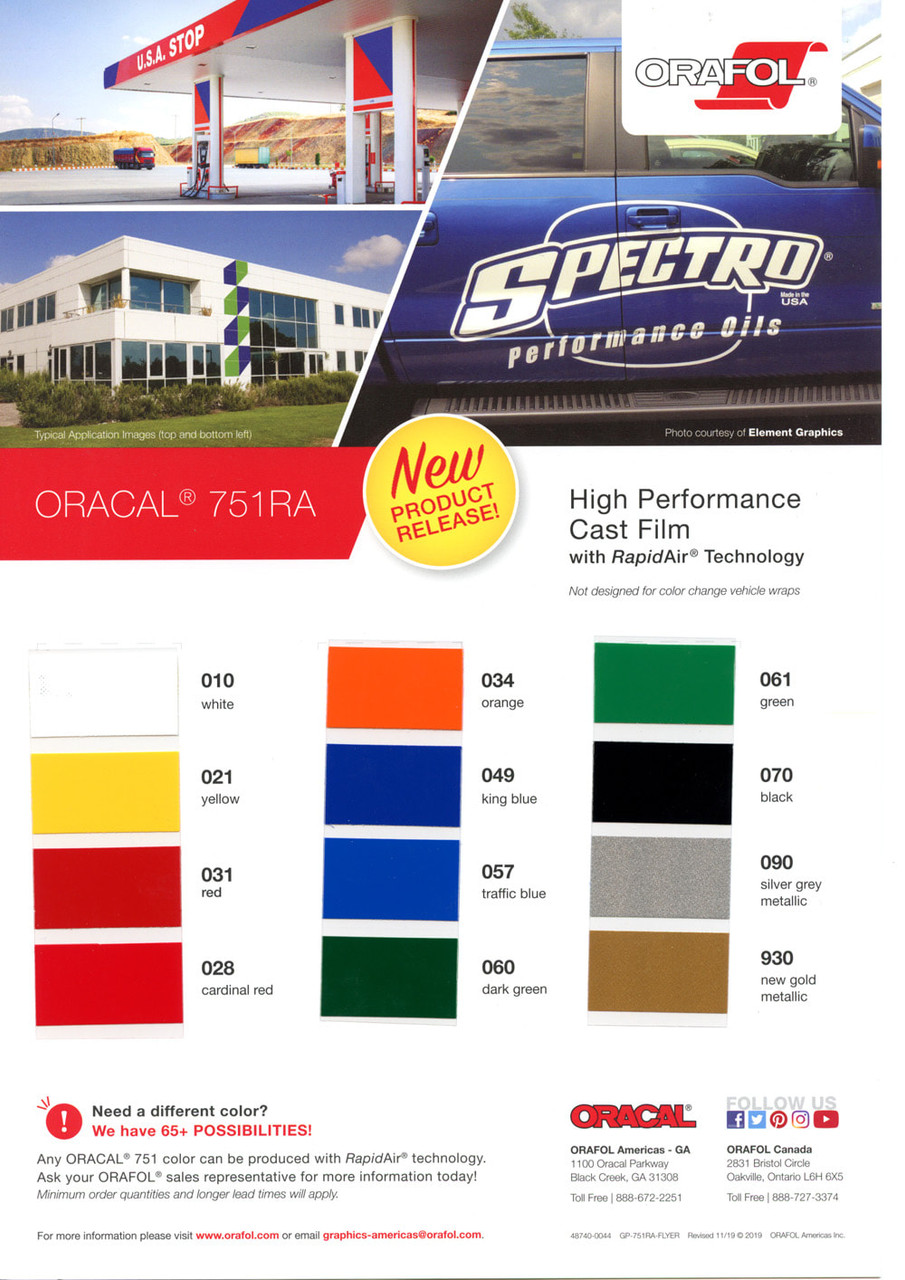 ORACAL® 751RA Color Chart:
A professionally displayed color chart for ORACAL® 751RA, featuring an array of vibrant solid, metallic, and matte colors. Each swatch is perfectly labeled, showcasing the extensive range of options available for any custom wrap or signage project. The chart reflects the film's high-quality finish and precision in color matching.