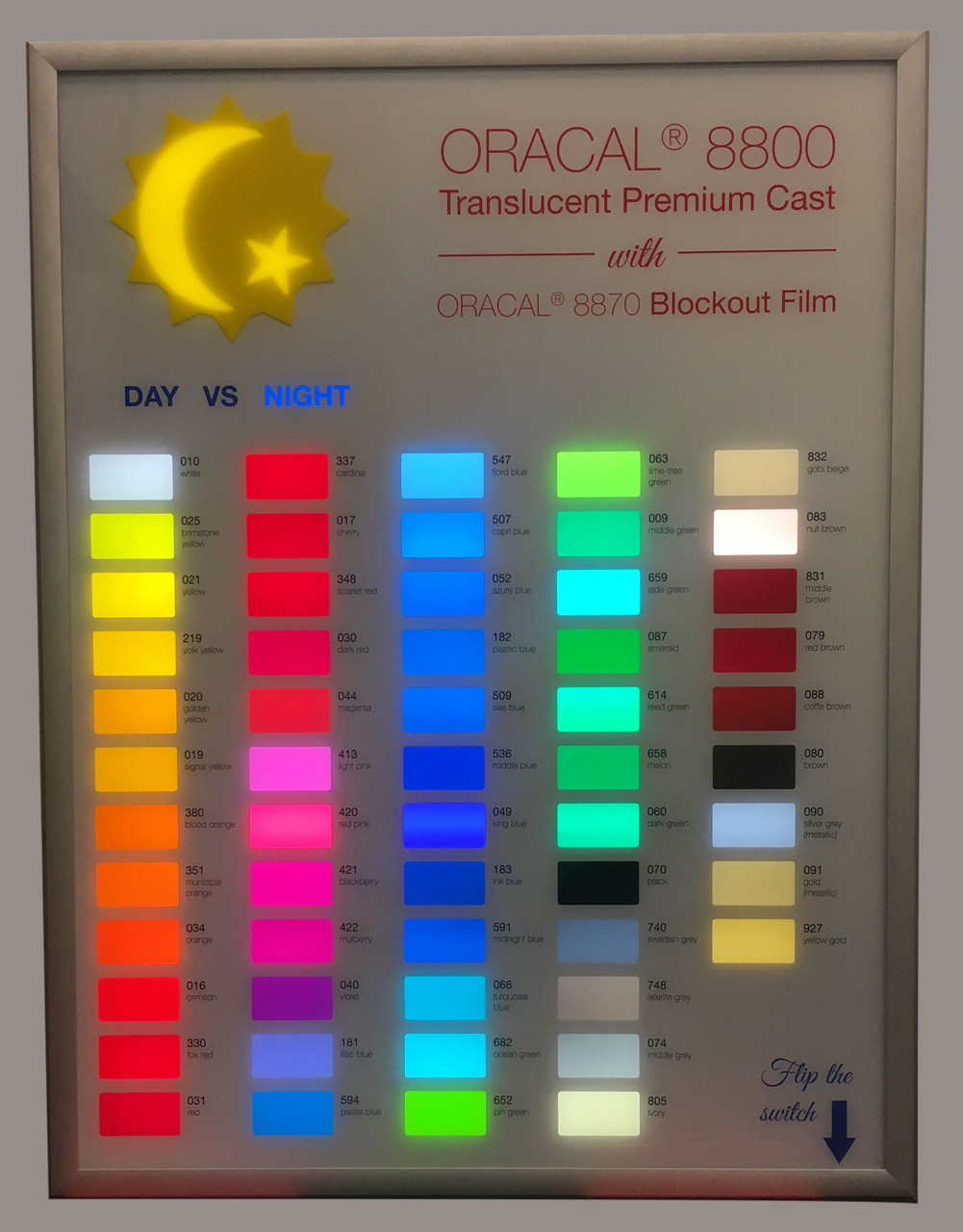 Experience the Dynamic Transformation of the Orafol ORACAL 8800: This captivating image illustrates the striking contrast in the appearance of the ORACAL 8800 vinyl film during day and night. On the left, witness the subtle and elegant hues of the film under natural daylight, showcasing its versatility and appeal in bright conditions. On the right, observe the dramatic shift as the film comes alive with vibrant, glowing colors in a night-time setting, demonstrating the exceptional quality of backlighting. This dual scenario perfectly highlights the ORACAL 8800's adaptability and high performance in varying lighting conditions, making it an ideal choice for impactful, 24/7 visible signage. Discover how the Orafol ORACAL 8800 can revolutionize your signage projects, offering unmatched color vibrancy and durability both day and night.
