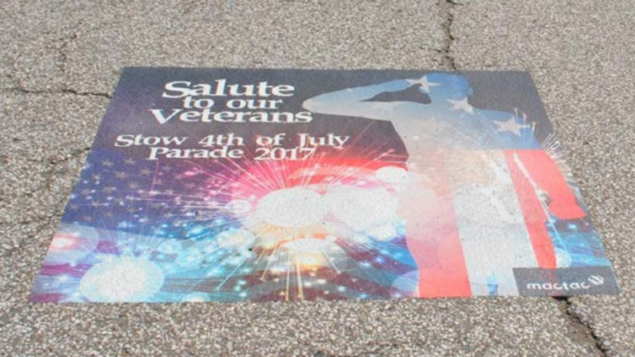 Outdoor vinyl, Floor graphics, Street graphics, Outdoor advertising, Non-skid vinyl, Printable vinyl, Grit coated film, Sidewalk branding, Parking lot graphics, Outdoor signage, Outdoor printing, Durable graphics, Long-lasting vinyl, UV-resistant vinyl, Non-slip graphics, Asphalt graphics, Concrete graphics, Pedestrian traffic graphics, Vehicular traffic graphics, One-year durability, Eco-solvent printing, UV printing, Latex inkjet printing, Outdoor decals, Street branding solution, Outdoor marketing material, High-traffic graphics, Visual engagement, Direct printing on vinyl, MACtac StreetTRAX, Floor wrap solution